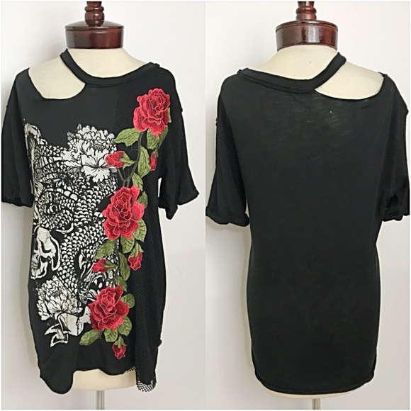 S/M Rockstar Distressed Floral Tee Tunic Top - Picture 3 of 6